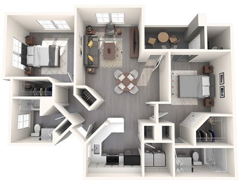 A 3D floor plan of a house with a kitchen, living room, and bathroom.